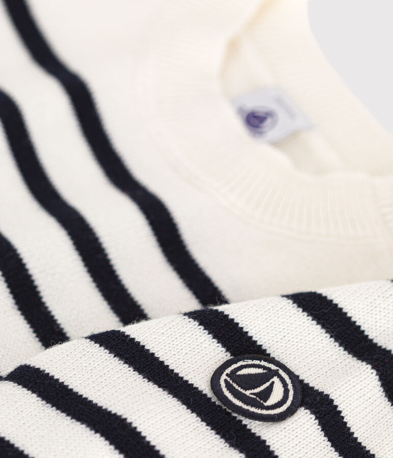 Baby-Pullover aus Woll- und Baumwollstrick weiss MARSHMALLOW/blau SMOKING