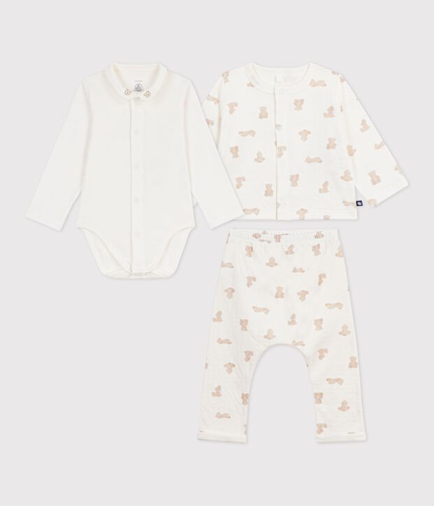3-teiliges Baby-Set aus Baumwolle mit B&auml;renmotiv weiss/BRUN