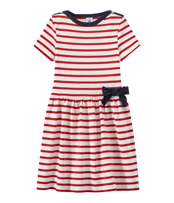 Gestreiftes Mädchen-Kleid weiss MARSHMALLOW/rot TERKUIT