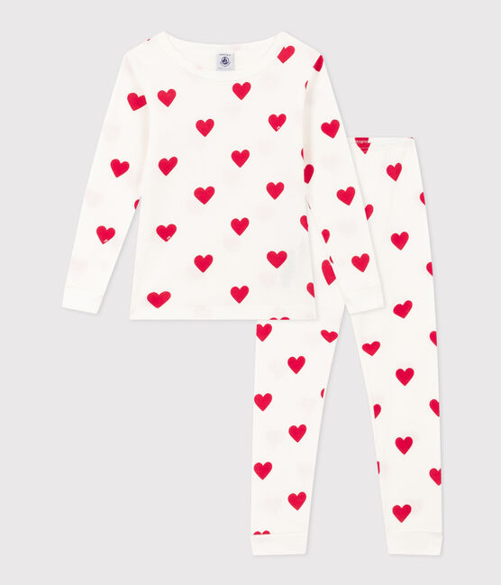 Anliegend geschnittener Herz-Pyjama aus Baumwolle für kleine Mädchen weiss MARSHMALLOW/rot TERKUIT