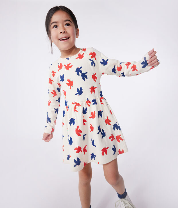 Lang&auml;rmeliges Kinder-Kleid aus bedruckter Baumwolle naturfarben/vielfarbig