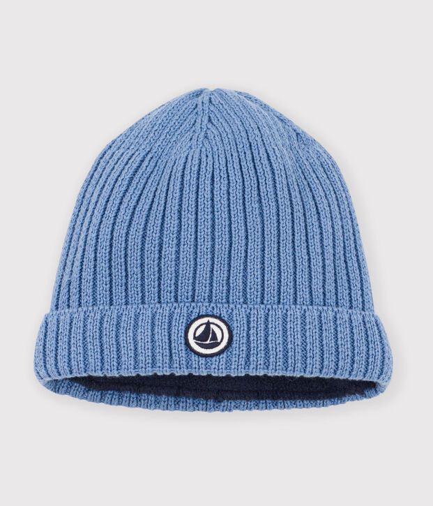 Baby-Strickm&uuml;tze mit Fleece-Futter blau