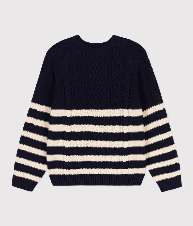 Irischer Damenpullover aus Baumwolle mit Streifen blau/naturfarben