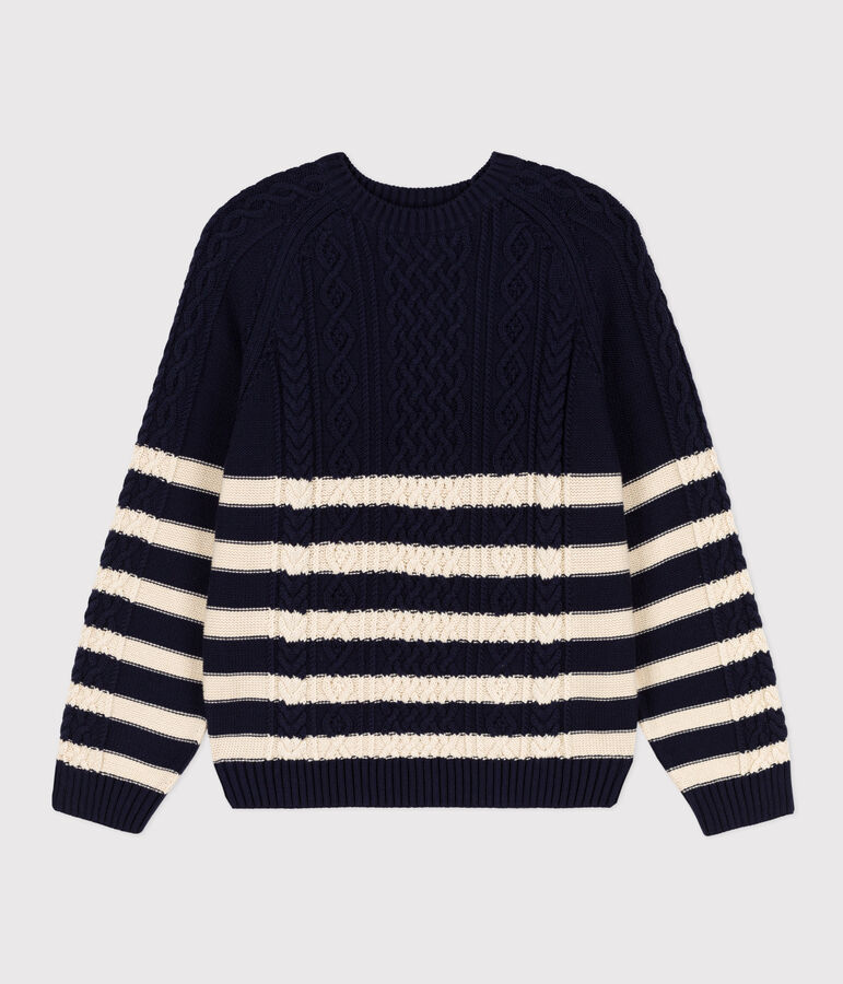 Irischer Damenpullover aus Baumwolle mit Streifen blau/naturfarben