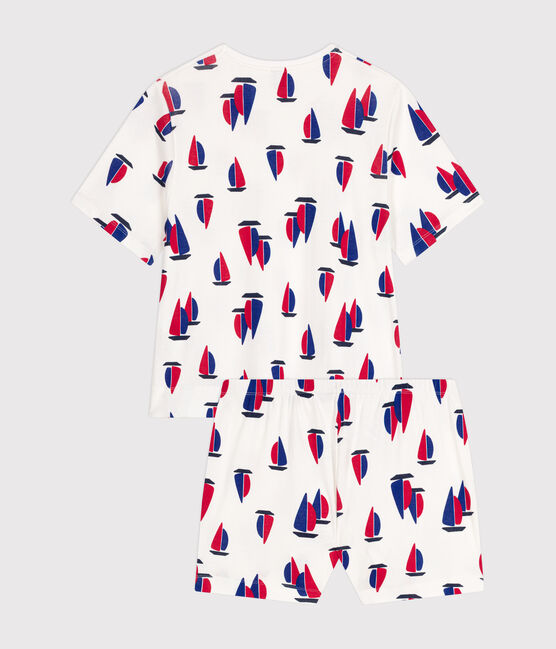 Kurzer Damen-Pyjama, Shorts und T-Shirt aus Baumwolle mit Schiff-Motiv weiss MARSHMALLOW/weiss MULTICO
