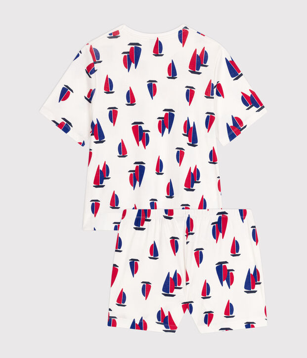 Kurzer Damen-Pyjama, Shorts und T-Shirt aus Baumwolle mit Schiff-Motiv weiss/vielfarbig