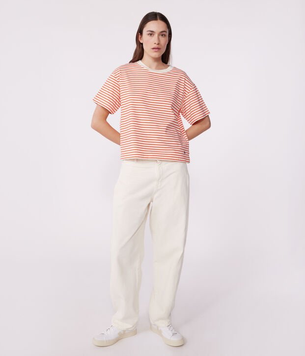 Damen-T-Shirt Le Boxy aus Baumwolle mit Streifen rot/rot