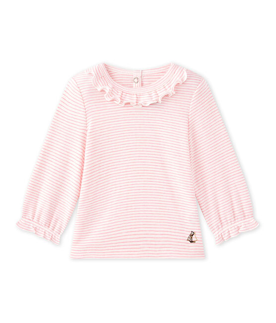 Gestreiftes Baby-Mädchen-T-Shirt weiss MARSHMALLOW/rosa PETAL