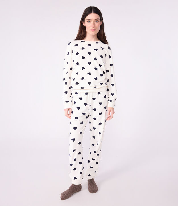 Damen-Pyjama aus Baumwoll-Frottee mit Herzmotiv blau/blau