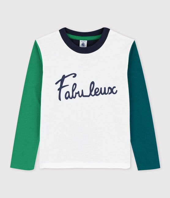 Langärmeliges Kinder-T-Shirt aus Baumwolle für Jungen weiss MARSHMALLOW/weiss MULTICO