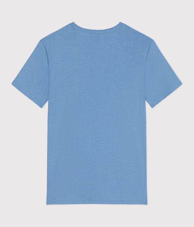 Damen-T-Shirt L&rsquo;ICONIQUE aus einfarbiger Baumwolle mit Pikotkante blau