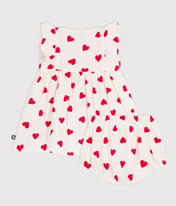 Baby-Kleid aus Baumwolle mit Herzmotiven und dazugeh&ouml;riger Bloomer rot/rot