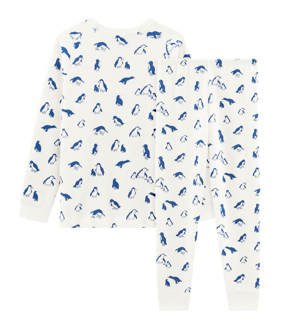 Unisex-Pyjama aus angerautem, extra warmem Bouclé-Frottier weiss MARSHMALLOW/blau MAJOR