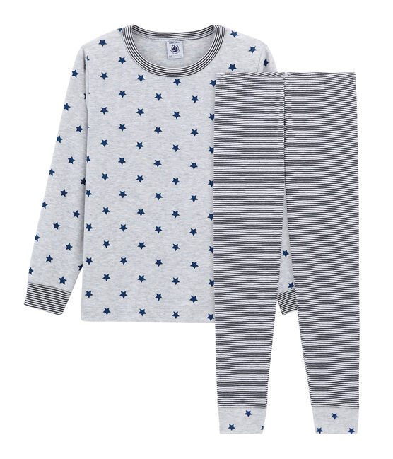 Rippstrick-Pyjama für Jungen grau POUSSIERE/weiss MULTICO