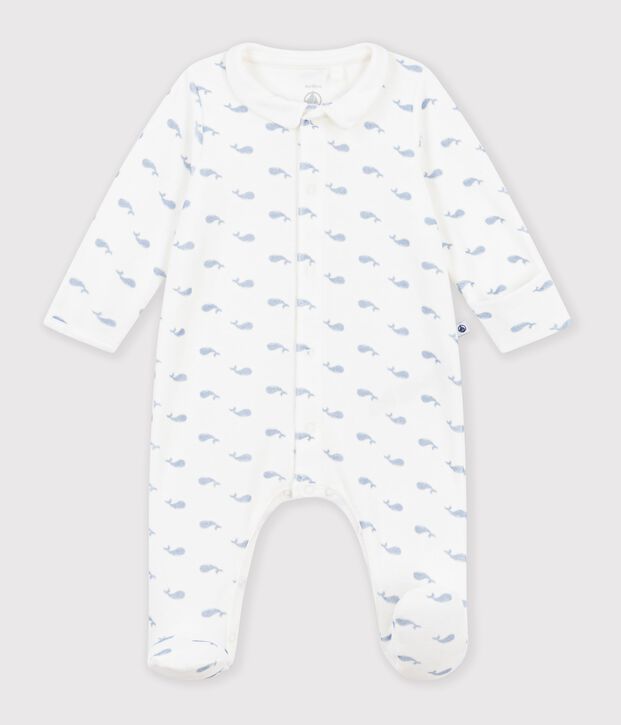 Strampler aus Nicki mit Kragen und Walmotiv. blau/blau