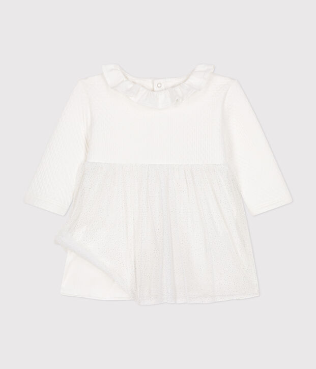 Baby-Kleid aus Doppeljersey und T&uuml;ll weiss/grau