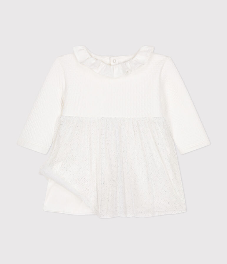 Baby-Kleid aus Doppeljersey und T&uuml;ll weiss/grau