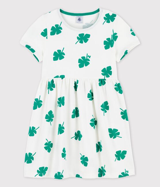 Kurzärmeliges Kleid aus Molton für Mädchen weiss MARSHMALLOW/grün GAZON