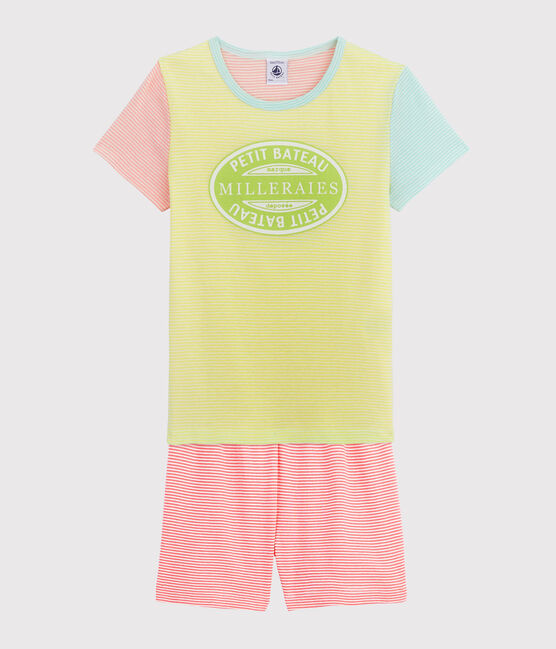 Kinder-Kurzpyjama aus Rippstrick mit bunten Streifen für Mädchen gelb SUNNY/weiss MULTICO