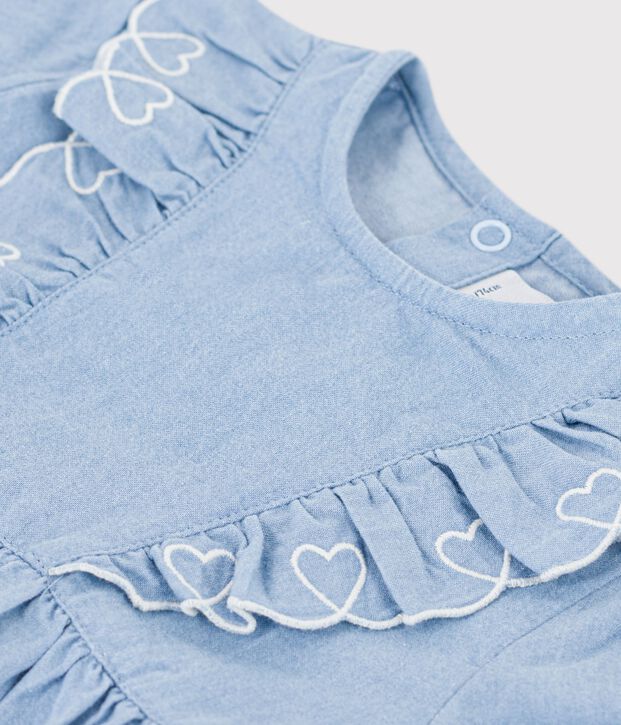 Kurz&auml;rmeliges Chambray-Babykleid mit Herzstickerei blau