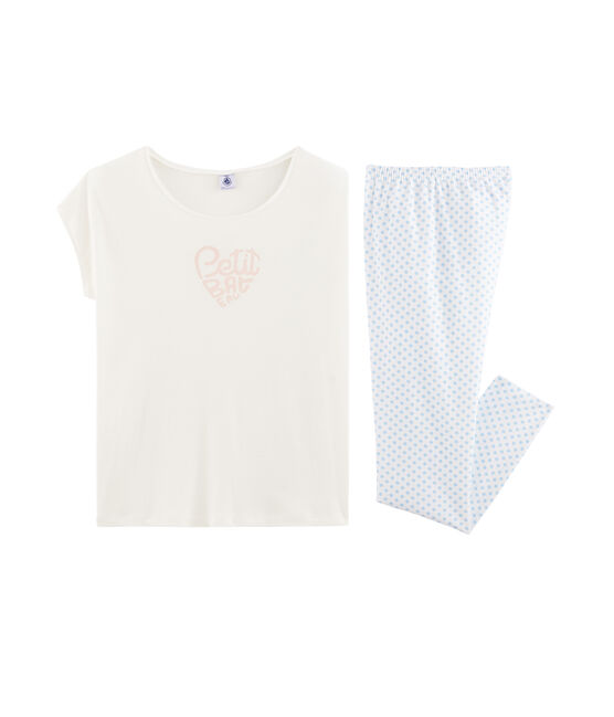 Rippstrick-Pyjama für Mädchen weiss MARSHMALLOW/blau JASMIN