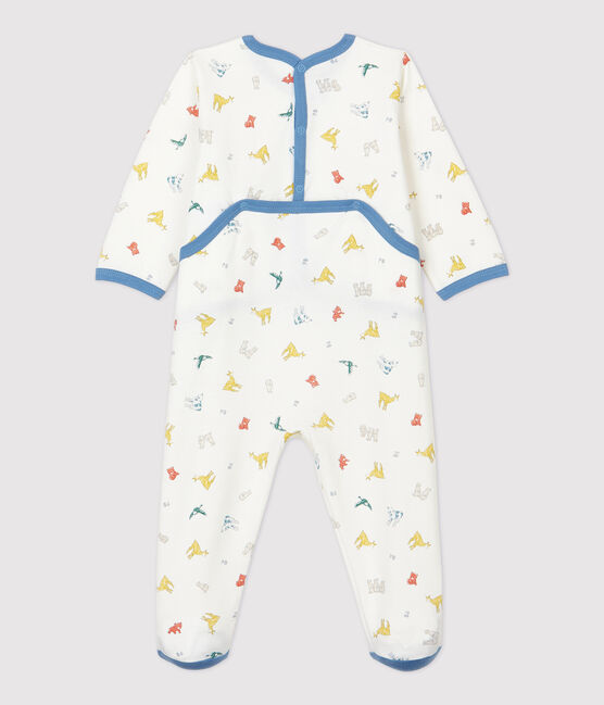 Baby-Strampler aus Molton und Bio-Baumwolle mit farbigem Tiermuster weiss MARSHMALLOW/weiss MULTICO