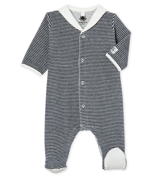Baby-Strampler aus Velours f&uuml;r Jungen blau/weiss