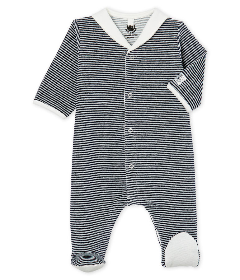 Baby-Strampler aus Velours f&uuml;r Jungen blau/weiss