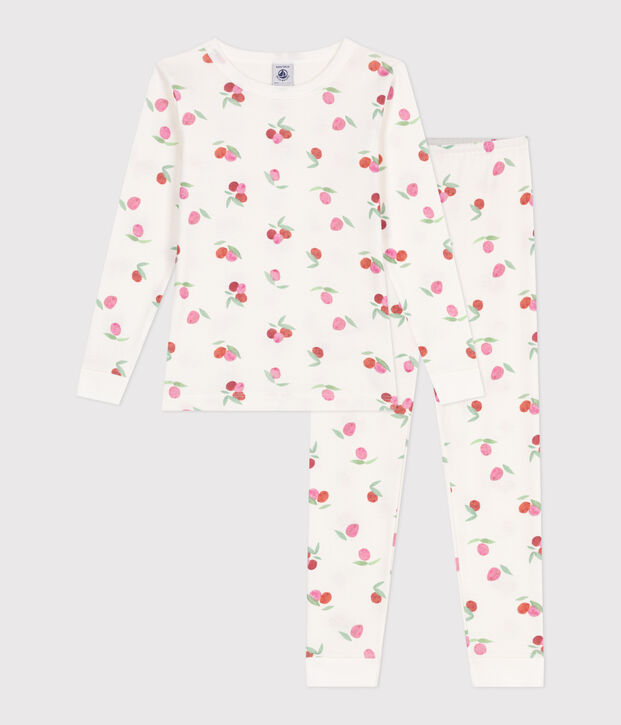 Sehr taillierter Kinderpyjama aus bedruckter Baumwolle weiss/rosa/vielfarbig