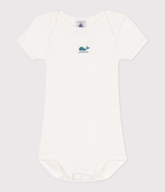 Kurzärmeliger Baby-Body aus einfarbiger Baumwolle weiss MARSHMALLOW