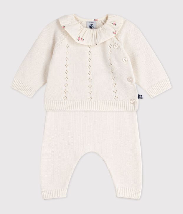 2-teiliges Baby-Set aus Wolle und Baumwolle mit gebl&uuml;mtem R&uuml;schenkragen weiss