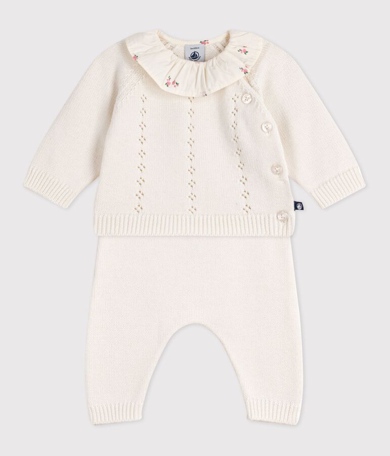 2-teiliges Baby-Set aus Wolle und Baumwolle mit gebl&uuml;mtem R&uuml;schenkragen weiss MARSHMALLOW