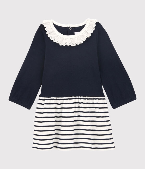 Langärmeliges Baby-Kleid für Mädchen weiss MARSHMALLOW/blau SMOKING