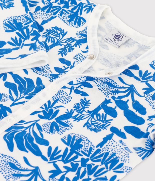 Baby-Strampler aus Baumwolle mit Pflanzenmuster weiss/blau