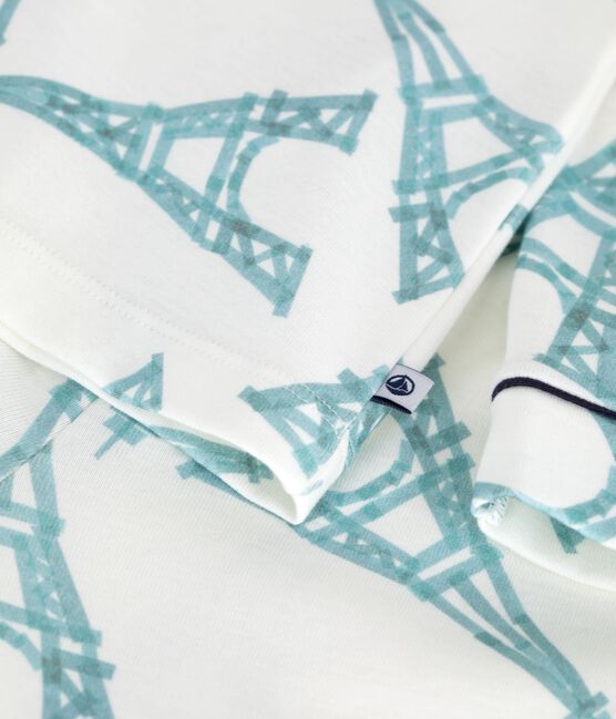 Kinder-Pyjama mit Knopfverschluss aus gemusterter Baumwolle weiss MARSHMALLOW/weiss MULTICO