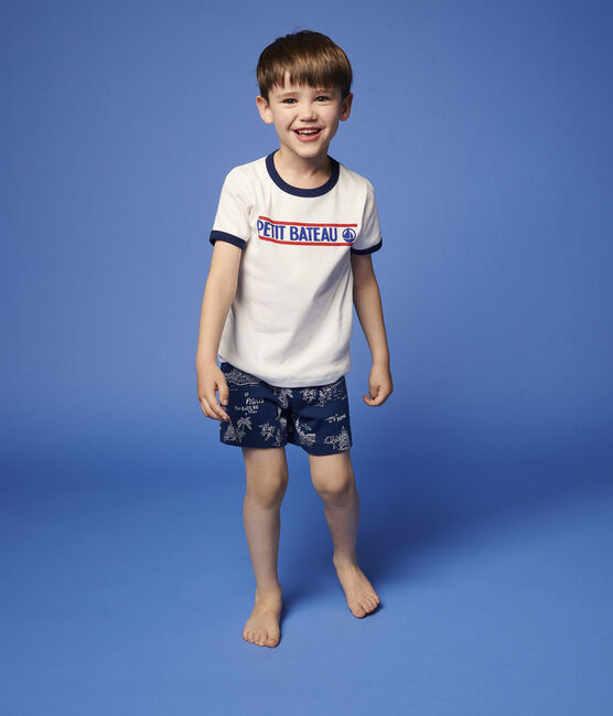 Kinder-Kurzpyjama aus Baumwolle mit Paris-Motiv im Toile-de-Jouy-Stil für Jungen blau MEDIEVAL/weiss MULTICO