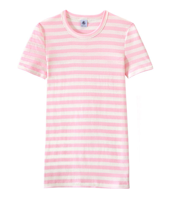Gestreiftes Damen-T-Shirt aus Original-Rippstrick rosa BABYLONE/weiss MARSHMALLOW