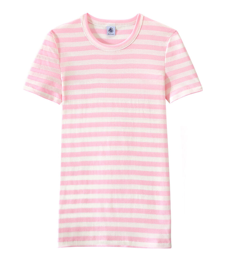 Gestreiftes Damen-T-Shirt aus Original-Rippstrick rosa BABYLONE/weiss MARSHMALLOW