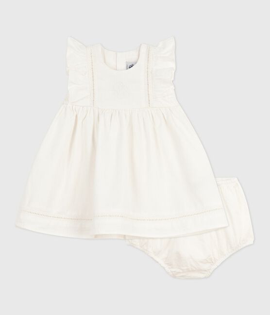 Ärmelloses Baby-Kleid aus einfarbiger Baumwolle mit Stickerei und dazu passendem Bloomer weiss ECUME