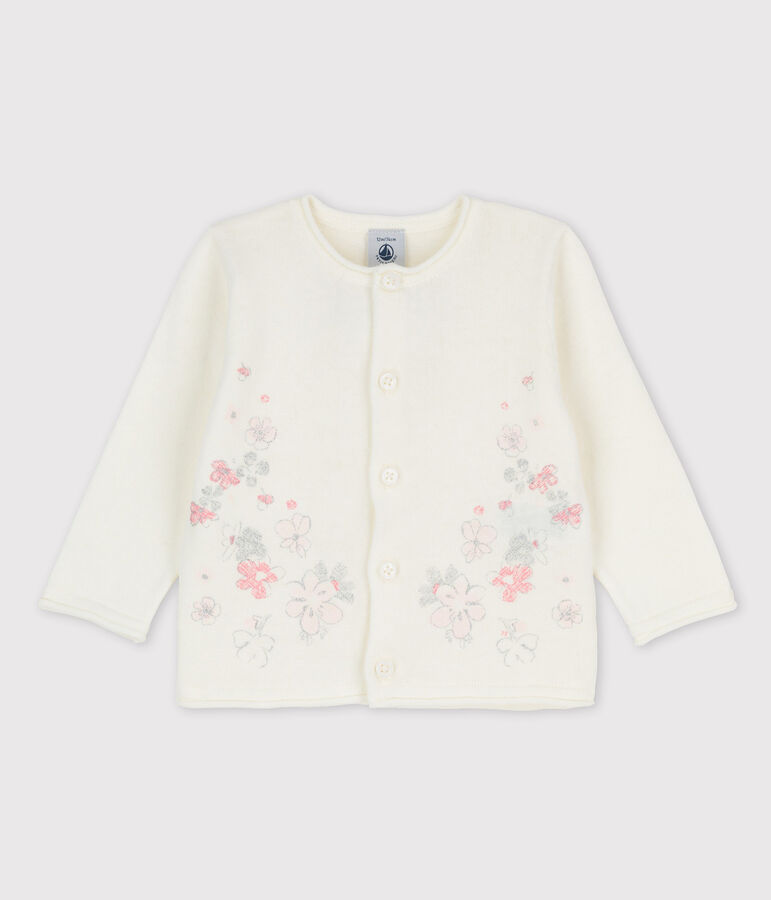 Baby-Cardigan, Strickgewebe aus Baumwolljersey/Leinen, M&auml;dchen weiss