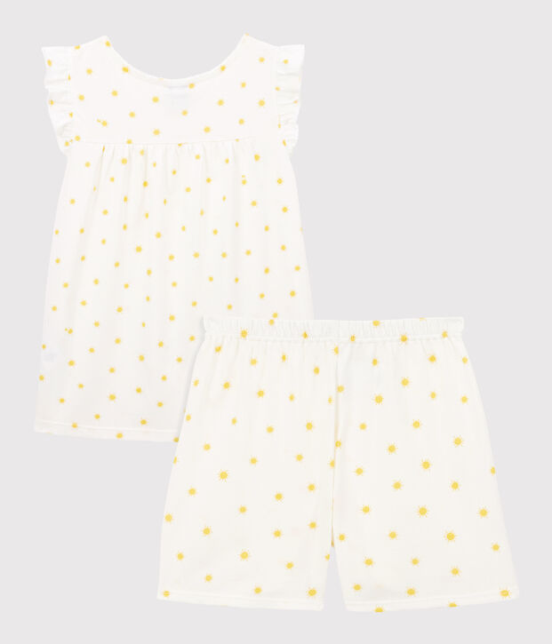 Kinder-Kurzpyjama aus Baumwolle mit Sonnenmotiv f&uuml;r M&auml;dchen weiss/gelb