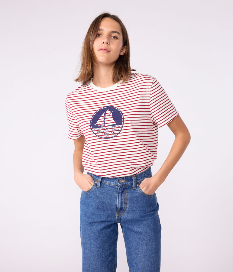 Kurz&auml;rmeliges Damen T-Shirt Le Droit mit geradem Schnitt aus Baumwolle naturfarben/rot