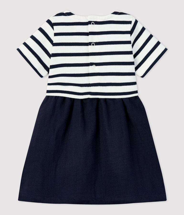 Bio-Babykleid aus Musselin und dichtem Jersey weiss/blau