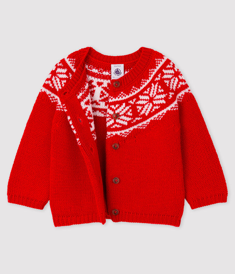 Baby-Cardigan aus 100% Wolle rot/weiss