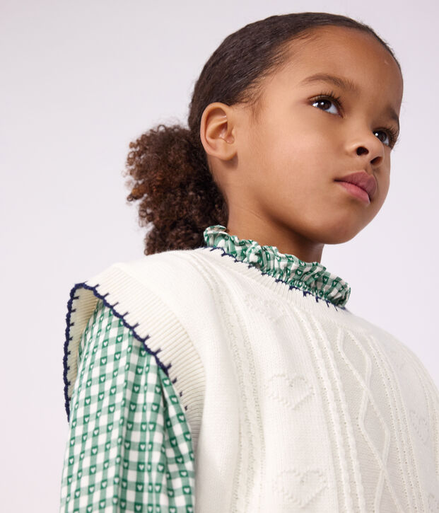 &Auml;rmelloser Kinder-Pullover mit Zopfmuster aus Wolle und Baumwolle weiss
