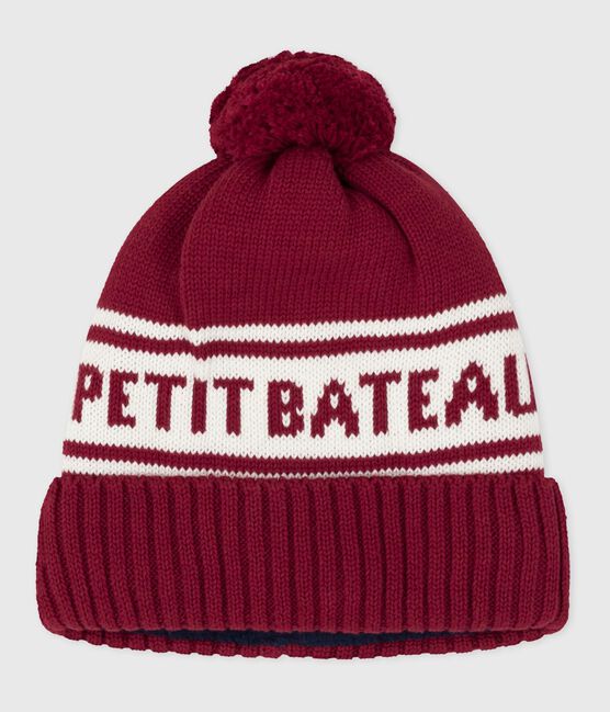 Kinder-Strickmütze mit Petit Bateau-Fleece gefüttert rot AMARANTE/ MARSHMALLOW