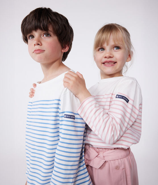 Langärmeliges Kinder-T-Shirt "Marinière" aus Baumwolle weiss MARSHMALLOW/rosa CHARME