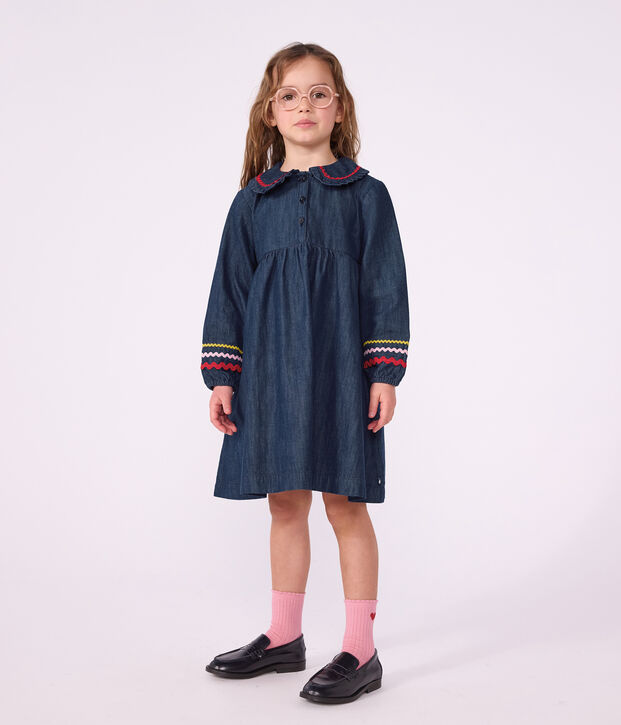 Lang&auml;rmeliges Kinder-Kleid aus einfarbigem Denim blau