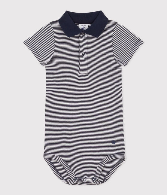 Kurzärmeliger Baby-Body aus gestreifter Baumwolle mit Polokragen blau SMOKING/weiss MARSHMALLOW