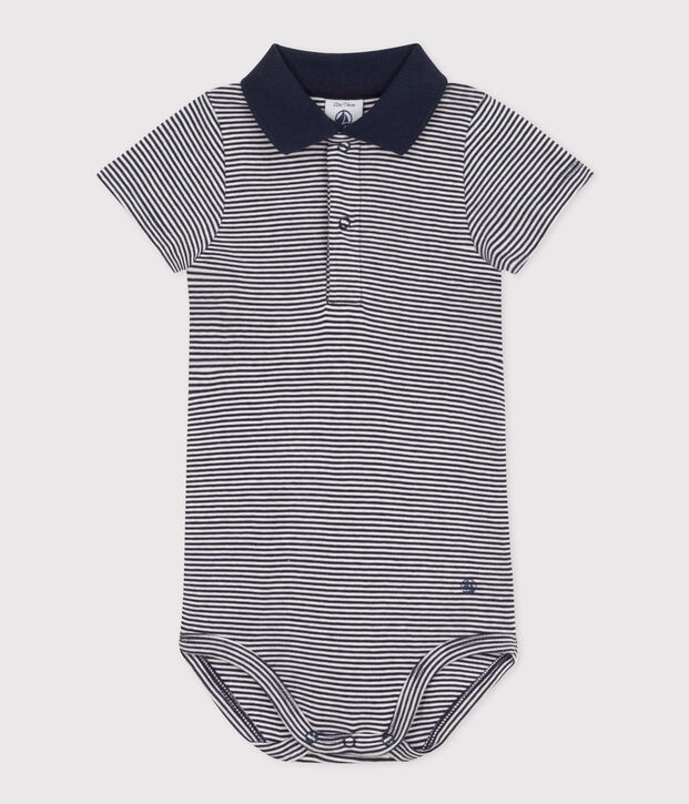 Kurz&auml;rmeliger Baby-Body aus gestreifter Baumwolle mit Polokragen blau/weiss